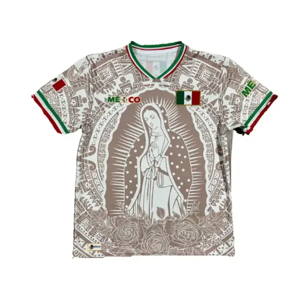 Mexico Virgencita Beige Unisex Jersey with Mexican Flag Accents & Guadalupe Graphic Short Sleeve for Casual Sports or Cultural Events