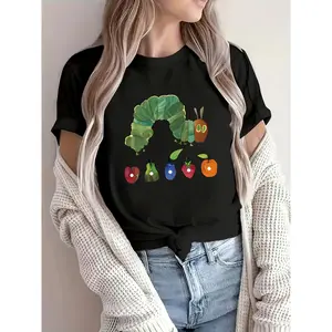 Women's 190g Black Cotton Graphic Tee - Short Sleeve Crew Neck T-Shirt with Vibrant Hungry Caterpillar and Colorful Fruit Print - Casual Loose Fit Novelty Top for Ladies - Comfortable Breathable Summer Fashion Apparel