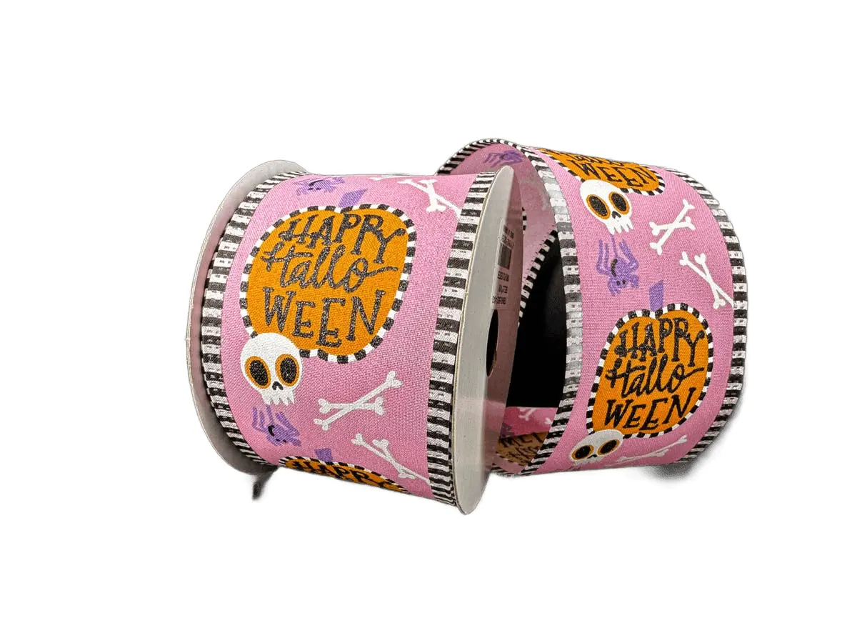 2.5" x 10yd Pink Satin Ribbon with Cute Pumpkins, Skulls & Spiders: