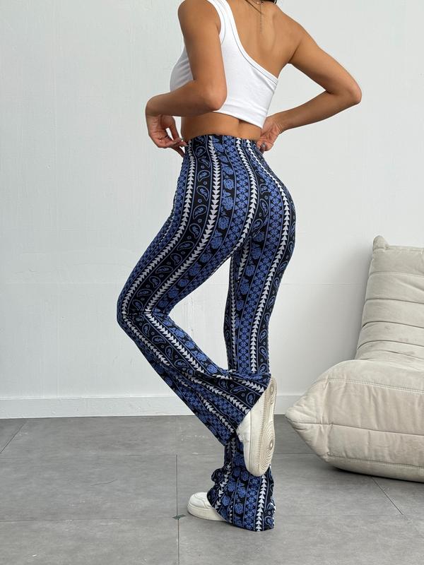 Women's High Waist Flare Pants Black Printed Bell Bottom Trousers Slim Fit Stretchy Wide Leg Pants Retro Bohemian Ethnic Pattern Streetwear Y2K Trendy Casual Fashion Club Party Outfit Comfortable Long Pants Boho Festival Trousers