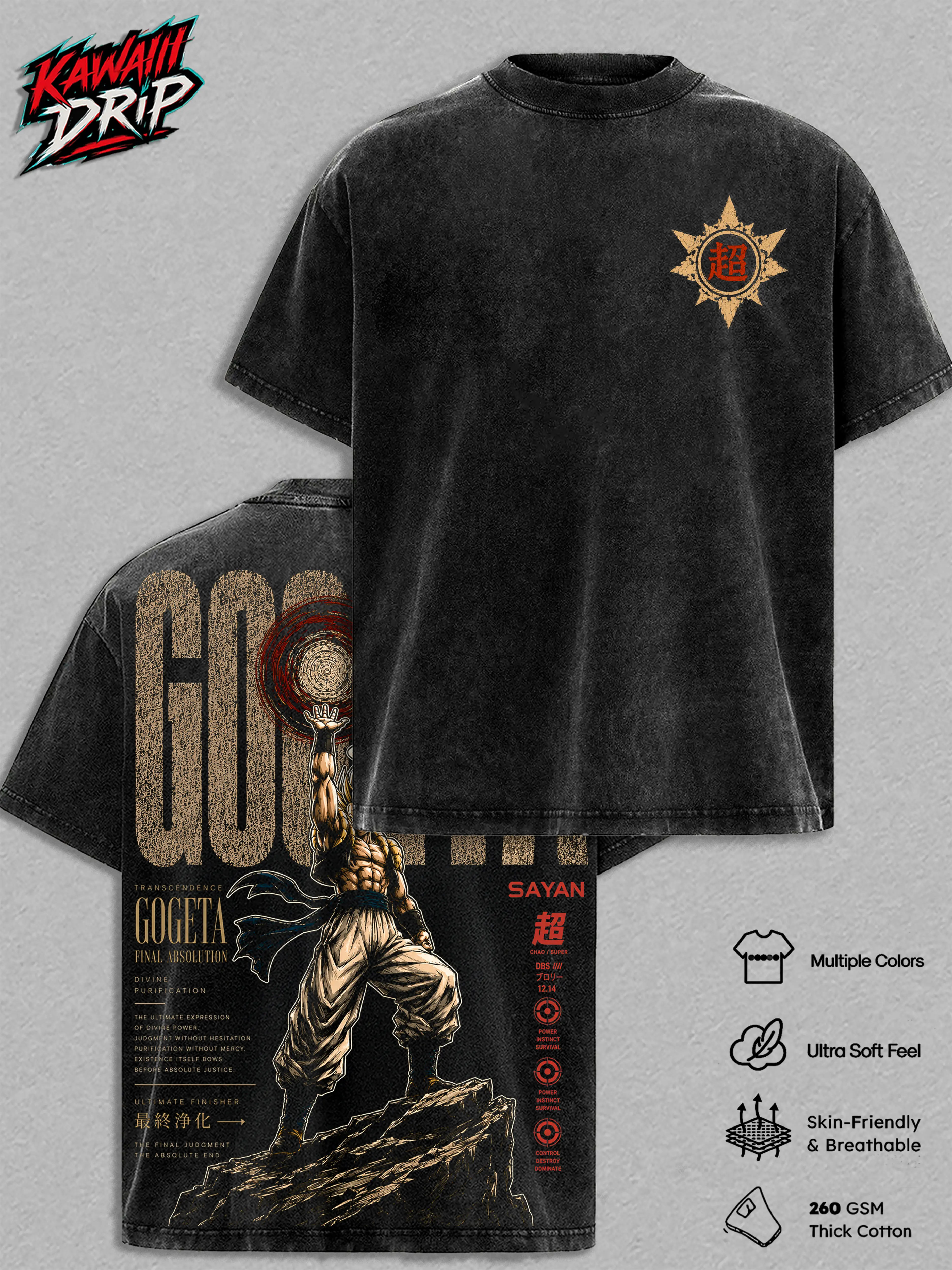 Gogetaaa DBS Vintage Washed T Shirt Manga Graphic Tee Oversized Streetwear Top Cotton Tshirt Classic Menswear Clothes Apparel Gift for Anime Fans Men & Women