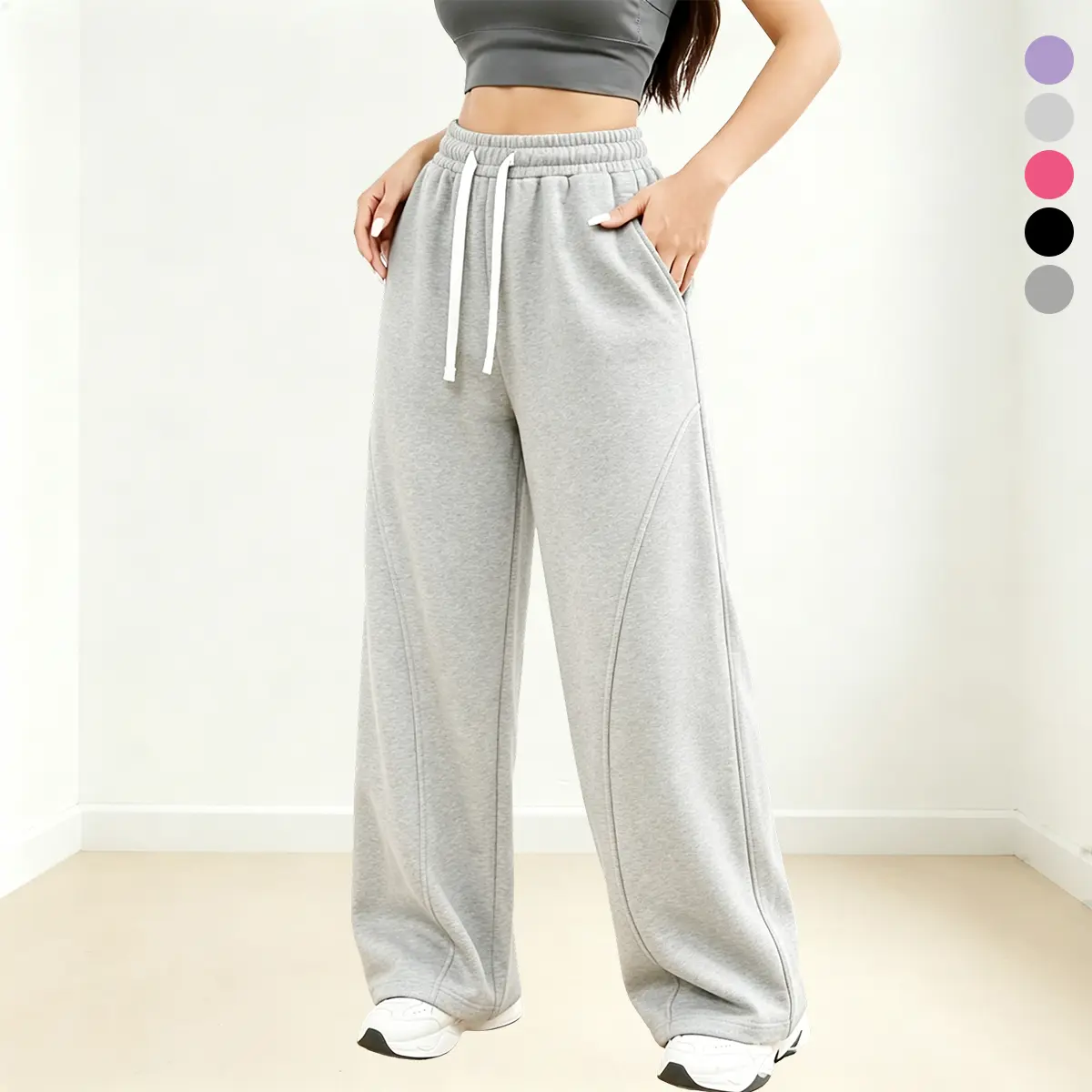 Women's Basic Soft Cotton Wide-Leg Lounge Bottoms - Adjustable Drawstring Waist, Side Pockets, Loose Fit for Home Relaxing, Everyday Wear