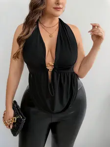Firerie Plus Size Women Draped Neck Halter Ruched Metal Decor Sexy Elegant Tank Top