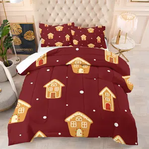 2/3 Piece Children'S Bedding Set, Children'S Gift, Cute Cartoon Gingerbread House Pattern Printed Comforter Set, Suitable for Decorating Children'S Bedrooms, Soft and Comfortable, Including 1 Quilt and 1/2 Pillowcase