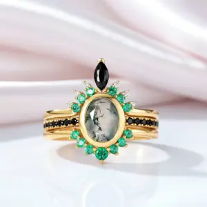 Oval cut Natural Moss Agate Yellow Gold Wedding Ring Set