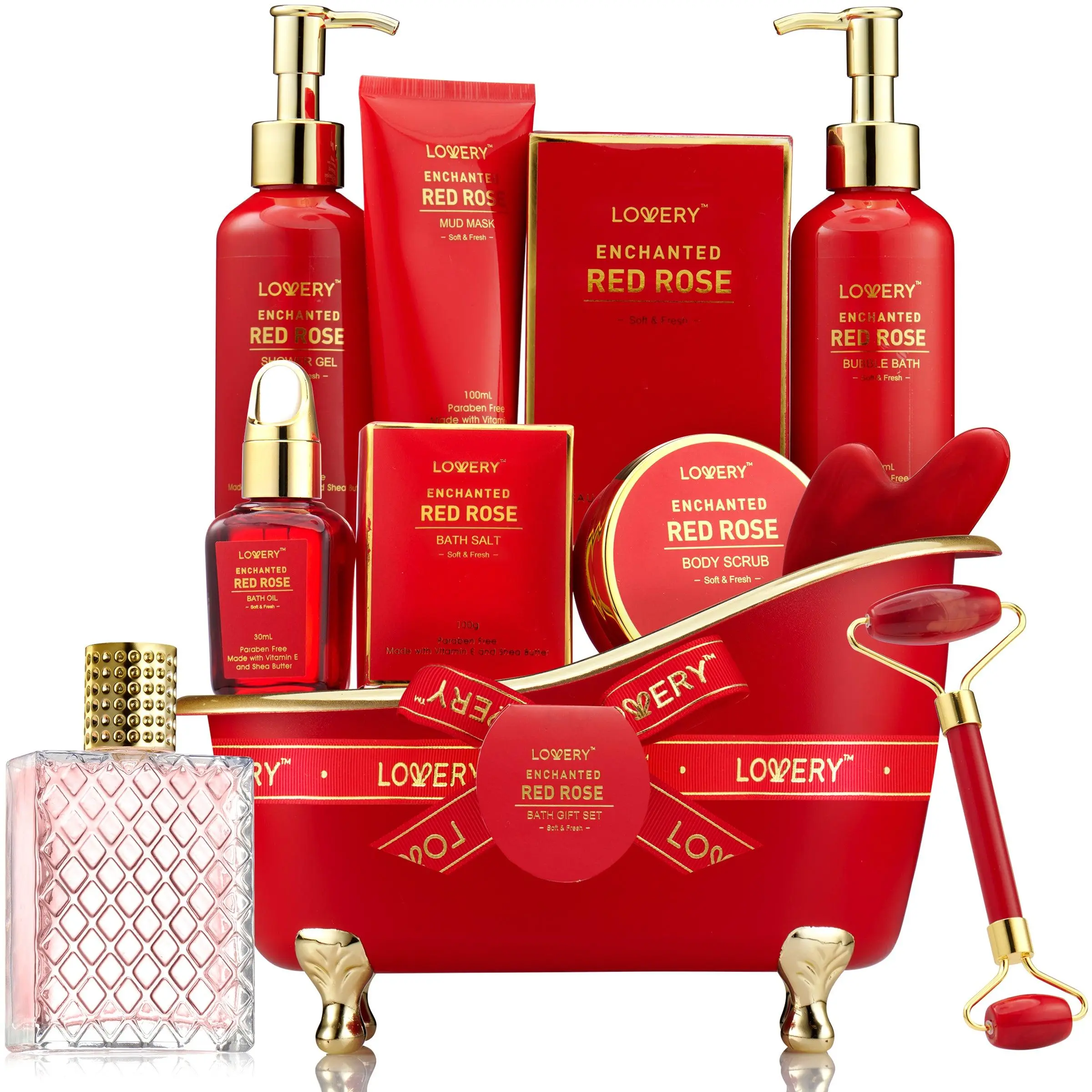 Red Rose Home Spa and Bath Basket - 11Pc Self Care Gift