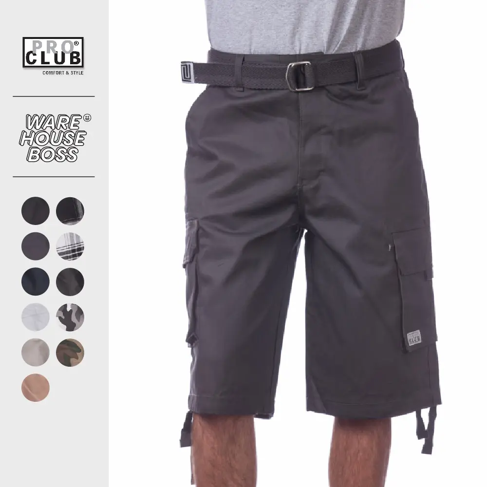 PROCLUB Men's Heavyweight Twill Cargo Shorts with Belts PRO CLUB 6 Pockets Shorts Casual Relaxed Fit Multi Colors Hip Hop Harem