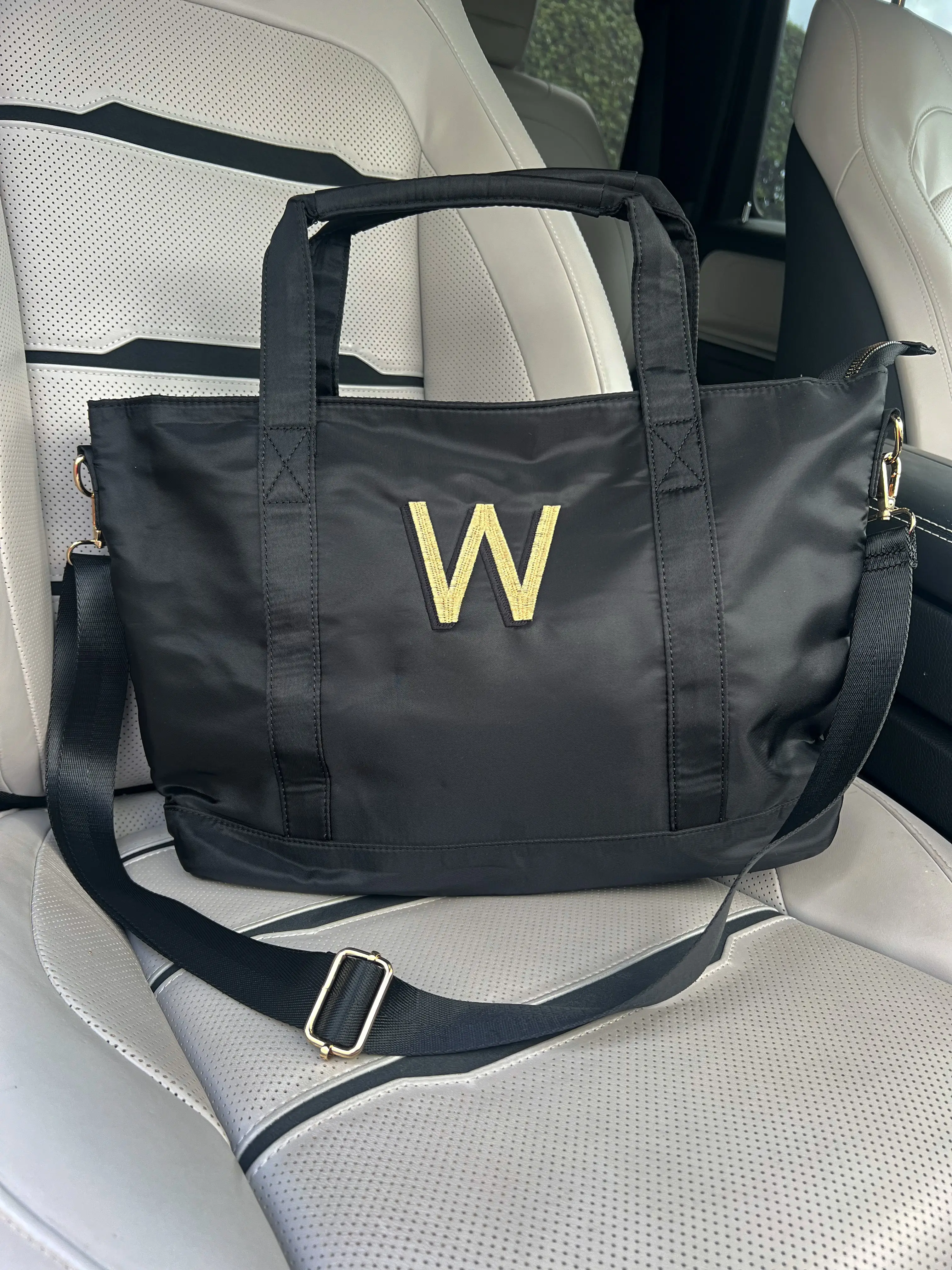 Embroidered Initial Black & Gold Tote Bag