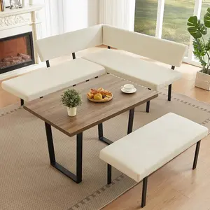 【Limited time deal】BM-CBX 3-Piece Corner Dining Table Set with Bench, 67 Inch Space-Saving Breakfast Nook for Kitchen & Dining Room (Walnut Table & Beige Bench)
