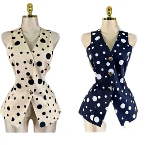 Women's Vest - Polka Dot Design, Available in Beige and Navy Colors, Button Accents, Perfect for Spring