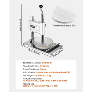 VEVOR Manual Pizza Dough Press Machine, 9.5 inch Pizza Pastry Press Plate, Stainless Steel Bread Presser, Commercial Chapati Sheet Crust Maker, Forming Machine with Handle and 100 Pcs Parchment Paper