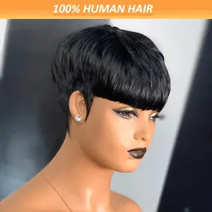 Hot New Arrived Pixie Cut Wigs For Women Human Hair 1B Short Wig With Bangs Layered Pixie Cut Wigs 9A Brazilian Remy Human Hair Full Machine Made Wig Natural Black Color Haircut Wig Short Glueless Wigs For Women