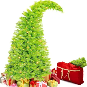 Bendable Christmas Tree Whimsical Christmas Pre-Lit Lime Green Stole Bent Top Artificial Xmas Tree Decorations with LED Lights Ornament Bag(4ft)