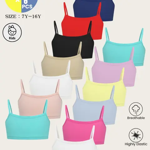 2/6/8/10/12 Pack Random Color Cute Girls' Soft Breathable Tank Tops, Daily Wear Teenage Bra, All Season Sports & Casual