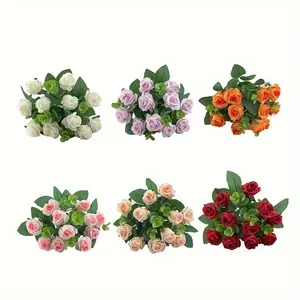 4 realistic artificial rose bouquets - bright pink, red, white and green plastic artificial flowers, suitable for Valentine's Day, weddings, home decoration, indoor/outdoor flower arrangements, Artificial Roses Bouquet (no maintenance required)
