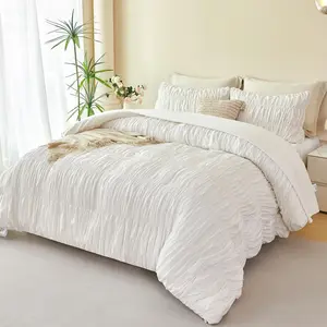 White Bedding  Size Set, 5 count  Ruched Comforter (90"x90"), Luxury Soft Boho Chic Ruffled Bed in a Bag with Sheet,  Season Farmhouse Pleated Texture Bed Sets(White, )