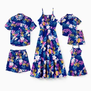 PatPat Matching Family Hawaiian Outfits Tropical Floral Print Strap Dress or Short-sleeve Shirts & Shorts Set Summer Beachwear Set for Vacation Deep Blue