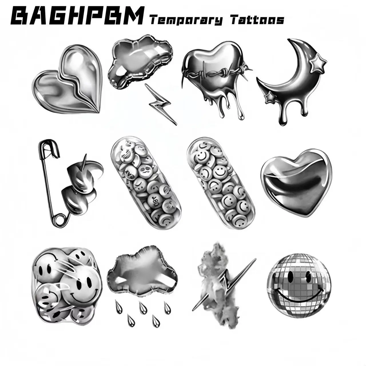 BAGHPBM (H103) 12 Sheets Temporary Tattoos - Unique Patchwork 3D Mini Arm Wraps, Waterproof Lightning Bolt & Hearts Stickers for Men, All Skin Types