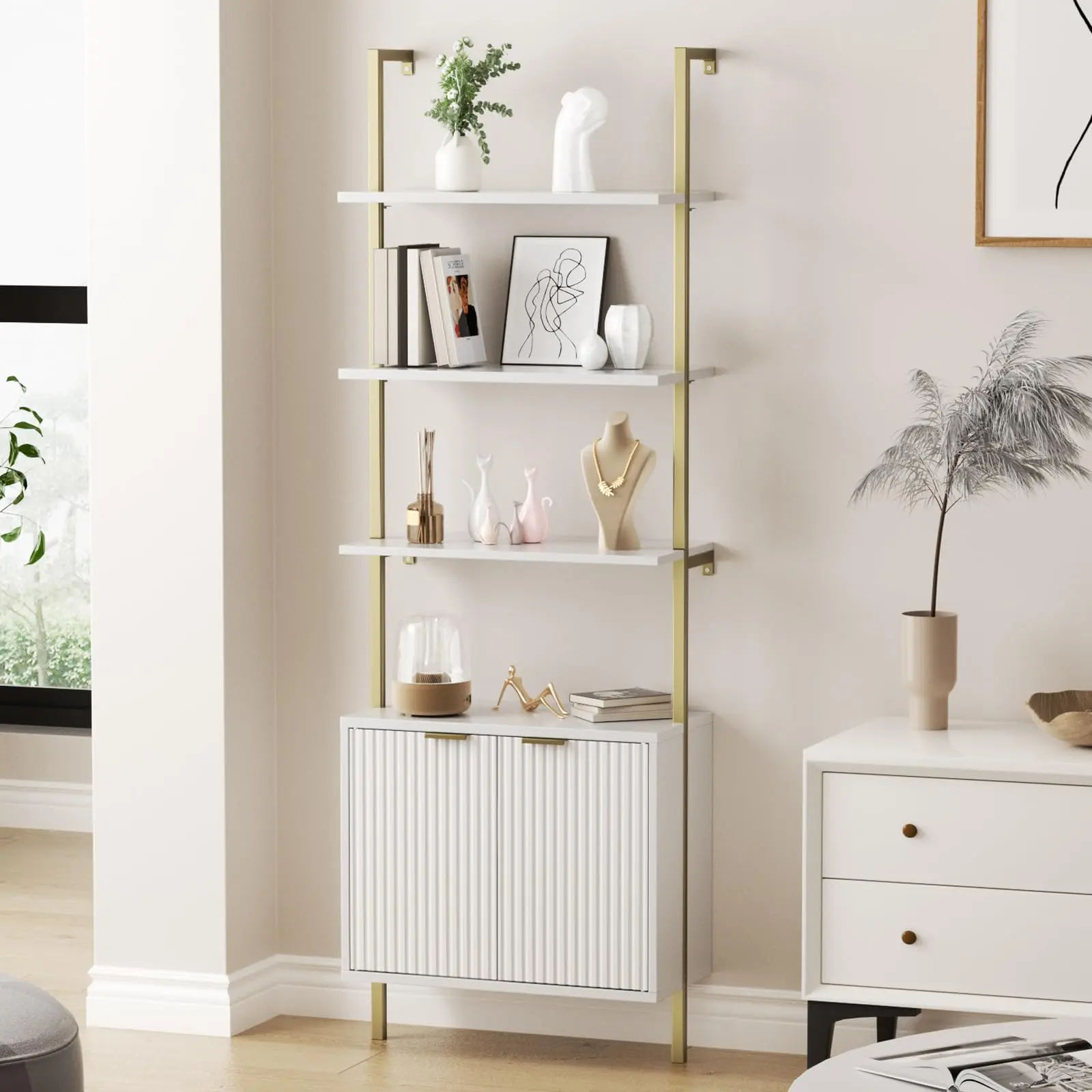 [Summergarden] Vabches Ladder Bookshelf with Cabinet, 71" Tall Wall Mounted Bookcase with Shelves & Storage, Fluted Ladder Shelf with Metal Frame, 5-Tier Display Rack for Living Room, Home & Office, Bedroom, White & Gold