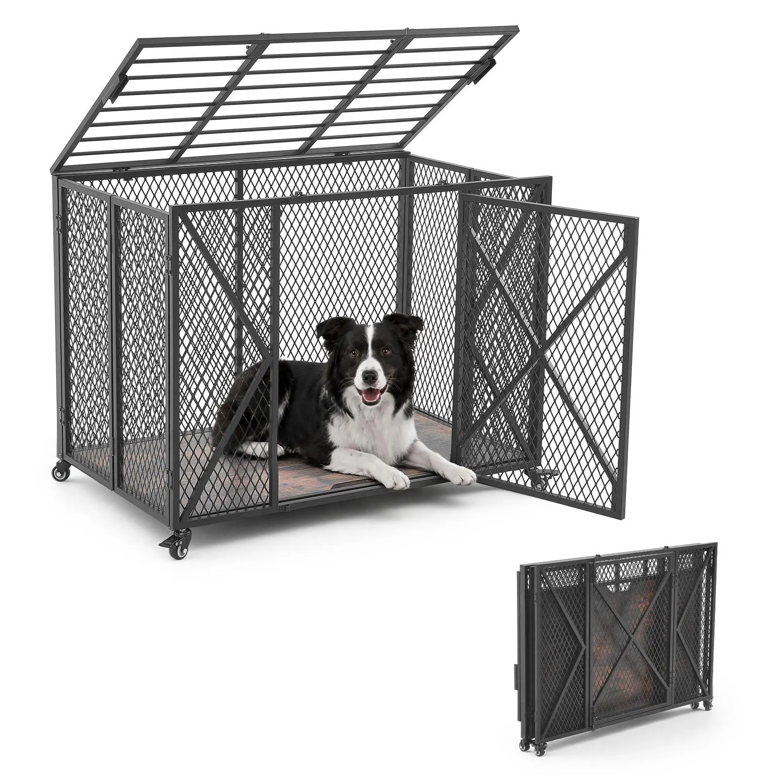 VEVOR Heavy-Duty Collapsible Kennel Crate - 38in x 23.4in x 29.1in, 250lbs Max Load, Corrosion-Resistant Steel Frame & Steel Mesh, Escape-Proof, Double Doors, Lockable Wheels, PB Board Base, Quick Assembly for High-Anxiety Medium Breeds Indoor Use