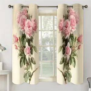 Elegant Watercolor Floral Curtains Set of 2, Semi-Transparent Polyester Fabric, Ring Top, Fade Resistant, Living Room Decor, Window Curtain