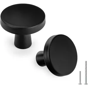 5 Pack Matte Black Round Cabinet Knobs Hardware Pulls for Kitchen Dresser Drawer Closet Bifold Modern Cabinets, 1.27 Inch