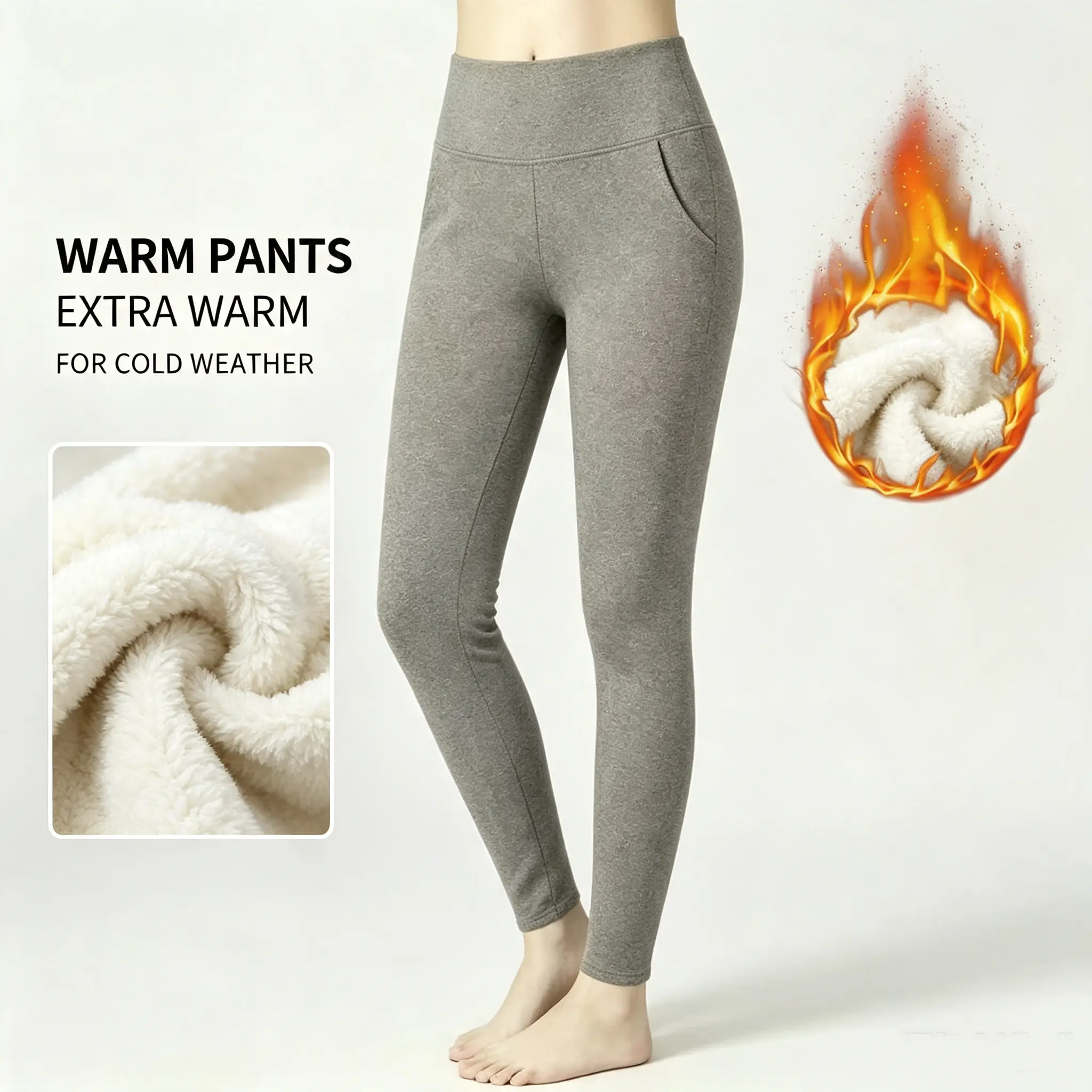 Women's High Waisted Thermal Fleece-Lined Leggings - Fall Winter Thick Warm Sherpa-Lined Polyester Elastane Skinny Trousers, Tummy Control, Butt Lifting, Sporty Chic, Full-Length, Deep Pockets, Workout Yoga Activewear, Casual Outdoor Snow Pants, High Wais
