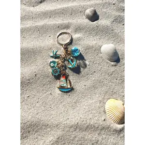 Ocean Theme Bag Charm with Anchor, Starfish, Compass & Seashell, Nautical Sailboat Charm Keychain
