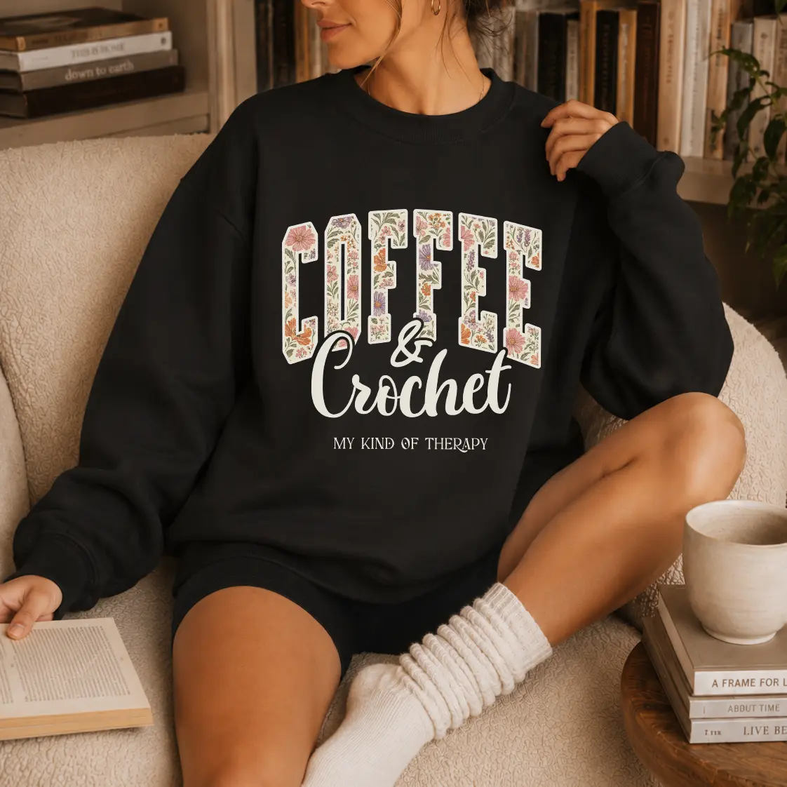 Coffee and Crochet Yarn Lover Sweatshirt, Wildflower Floral Crewneck, Cozy Crafty Gift for Crocheters