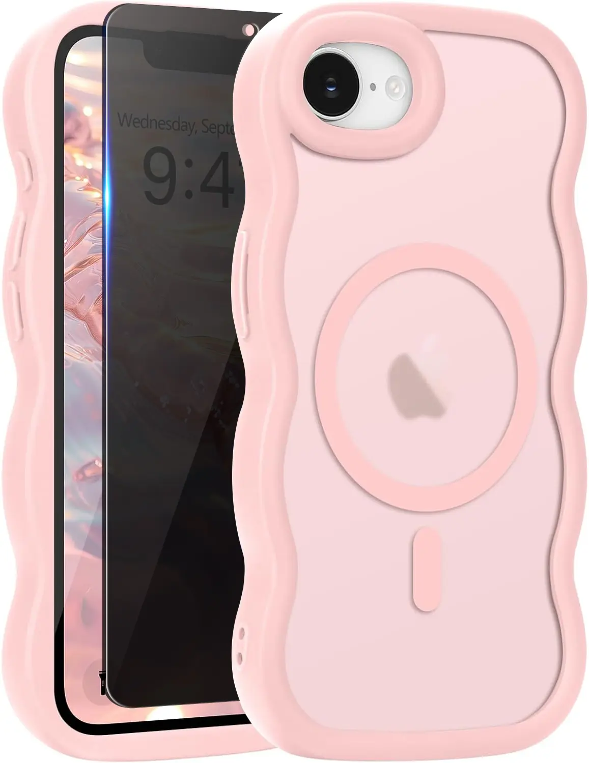 Magnetic for iPhone 17E/16E Case with Privacy Screen Protector, Compatible with Magsafe Wavy Frame Cute Translucent Matte Hard Back Silicone Bumper Shockproof Phone Case for iPhone 17E/16E Women Girls, Pink