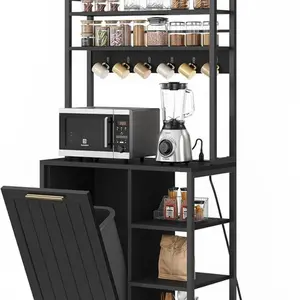 Yitahome Black Bakers Rack with Trash Can Bin Cabinet and Power Outlet, Microwave Stand Cabinet with Hooks, 6-Tiers Kitchen Tall Thickened Coffee Bar Table Station with Storage Shelf