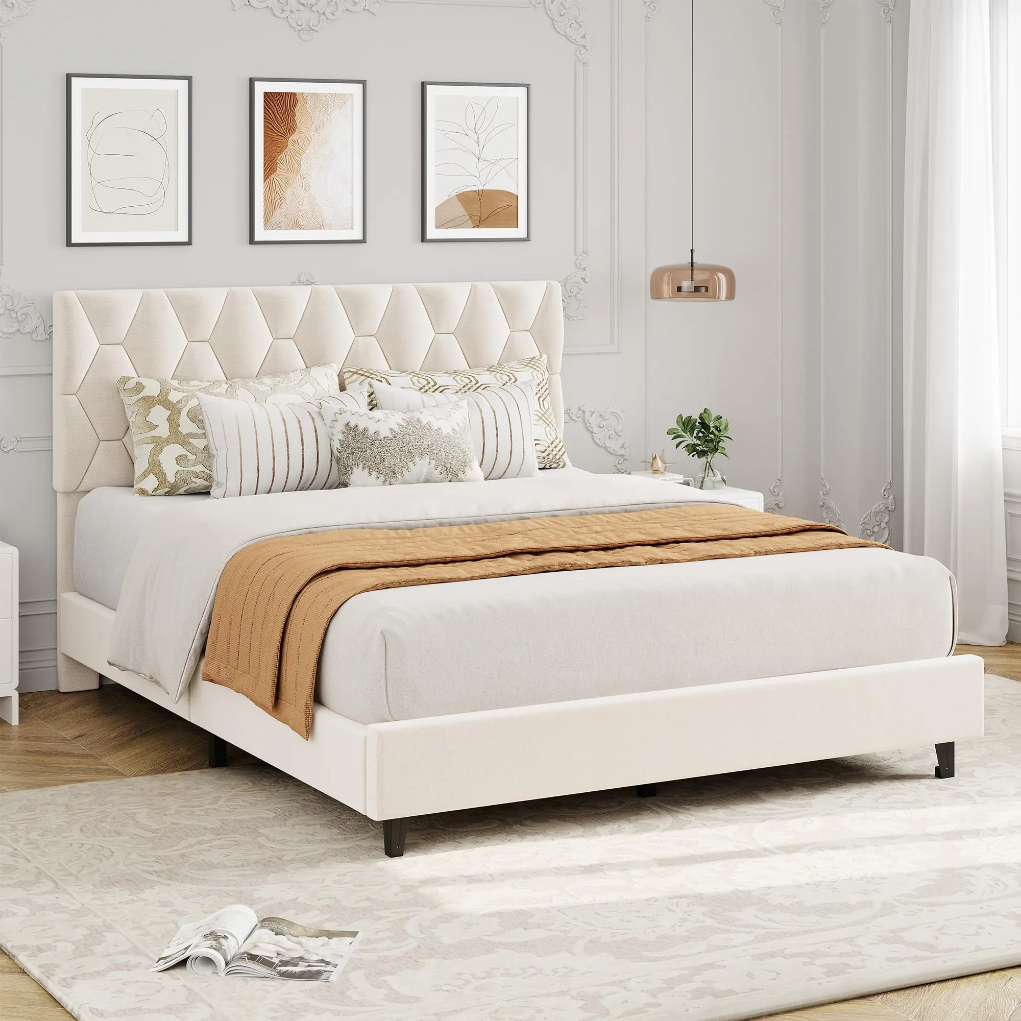 Garvee Noise-Free Upholstered Platform Bed Frame with Padded Headboard - Heavy-Duty Wood Slats, No Box Spring Needed, Easy Assembly, Non-Slip - Twin/Full, Grey/Beige