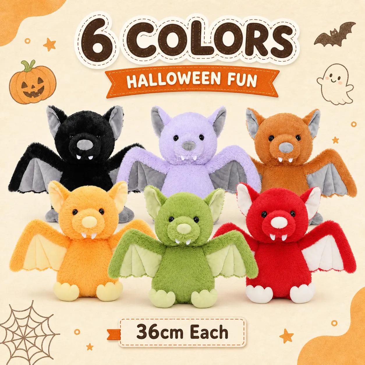 [6-color available] Tezituor 14.2 Inch (36 cm) Bat Plush Toy, Cute Fuzzy Halloween Stuffed Animal with Wings & Fangs, Kids Gift, Party and Room Decor,Halloween Fun 6 Colors 36cm Each Plush Bat Toys for Kids