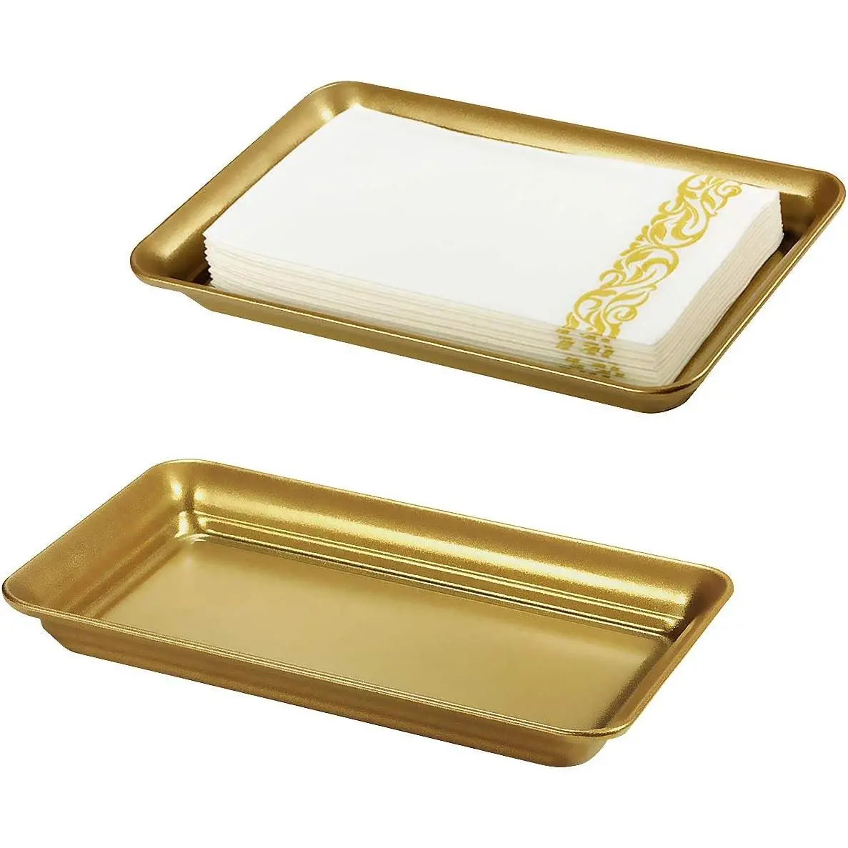 Vintage Farmhouse Decor Metal Vanity Tray(2 Pack),Countertop Guest Hand Towel Storage Organizer Tray Dispenser, Sturdy Holder for Perfume,Cosmetics, Jewelry, Makeup Bathroom Organizer(Gold)