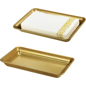 Vintage Farmhouse Decor Metal Vanity Tray(2 Pack),Countertop Guest Hand Towel Storage Organizer Tray Dispenser, Sturdy Holder for Perfume,Cosmetics, Jewelry, Makeup Bathroom Organizer(Gold)