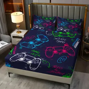 Gamer Fitted Sheet Set (3 Piece, 1 Fitted Sheet + 2 Pillowcases), Neon Gaming Controller Print Bed Sheet Set, Soft Breathable Bedding for Boys Bedroom & Dorm, Ideal Gift for Gamers & Teens