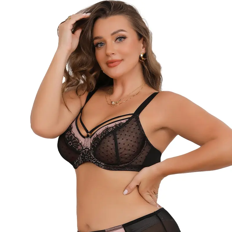 Plus Size Women's Sexy Chic Elegant Sheer Lace Steel Ring Bra, Full Coverage Push Up Support Underwear, Smooth Side and Wide Shoulder Straps, Lingerie for Daily Wear Womenswear Elegant Bras