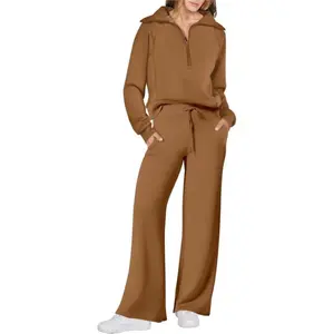 Lounge Sets For Women 2025 Half Zip Sweatshirt And Wide Leg Sweatpant 2 Piece Outfits Sweatsuit Tracksuit Fabric Womenswear Clothes PolyesterYEUR