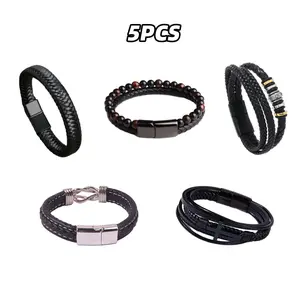 5Pcs Black Leather Bracelets for Men Women Braided Leather Wristband Cuff Bracelets Punk Leather Bracelets Set Sports & Outdoor