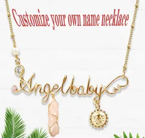 LPQ High Quality Non-Natural Crystal Handmade custom Name Necklace Gifts for Women Teen Girls(Silver gold Color) Sterling Silver Rose Flower