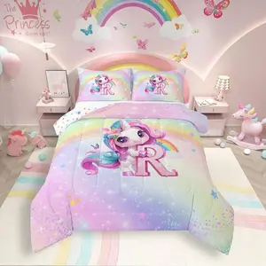 Rainbow Unicorn Bedding Set,Purple Unicorn Kids Comforter Set for Girls,Alphabet Monogram R Comforter for Teens Children Adults