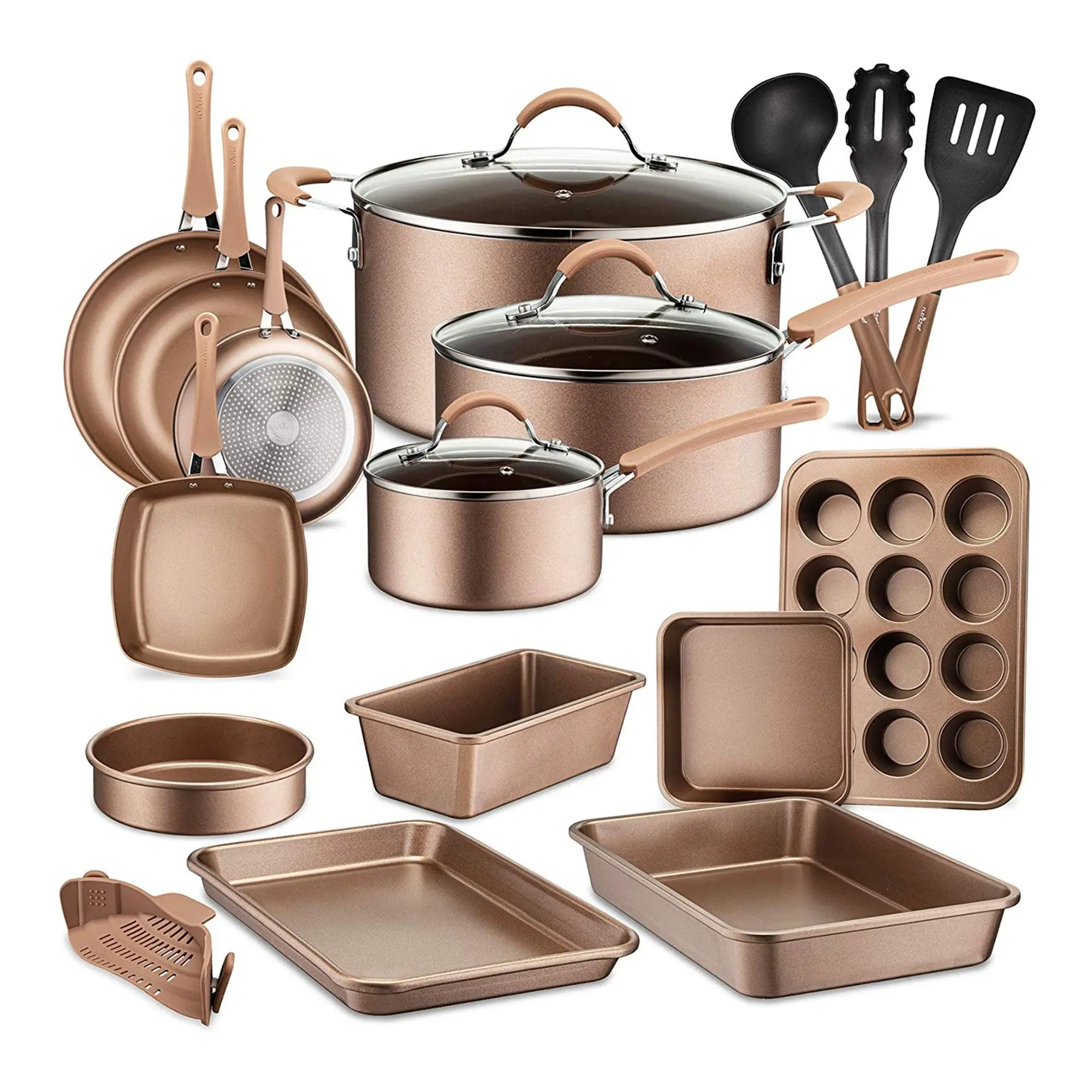 NutriChef Nonstick Cooking Kitchen Cookware Pots and Pans, 20 Piece Set, Bronze Glass Silicone NutriChef Nonstick Cooking Kitchen Cookware Pots and Pans, 20 Piece Set, Bronze Glass Silicone