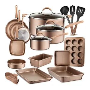 NutriChef Nonstick Cooking Kitchen Cookware Pots and Pans, 20 Piece Set, Bronze Glass Silicone
