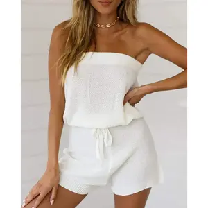 Women's 2-Piece Knitted Polyester Overalls Set, Sleeveless Off-Shoulder Soft Loose Elastic Waist Jumpsuit, Minimalist Lightweight Sheer Lady Top, Casual Loungewear for Beach