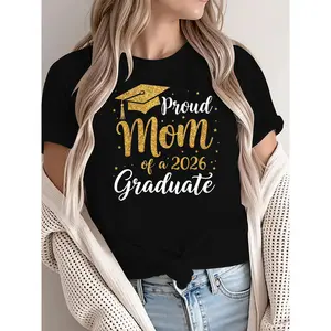 "Proud Mom of a 2026 Graduate" Gold Glitter T-Shirt | Graduation Mom Statement Tee