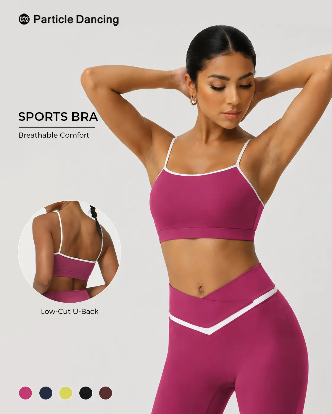 Women’s Contrast Trim Sports Bra, Spaghetti Strap Light Support Yoga Bra, Soft Stretch Low Scoop Back Workout Bra for Pilates, Gym, Lounge & Clean Girl Athleisure