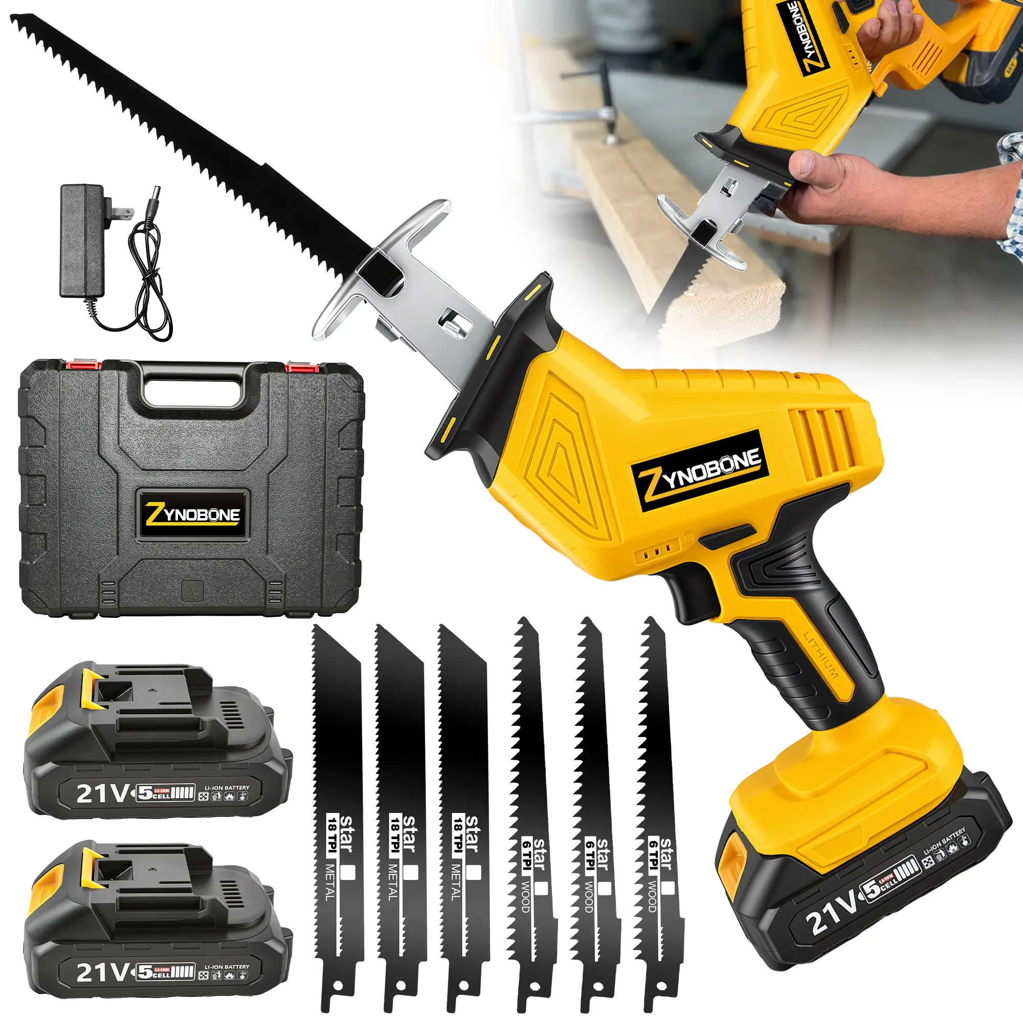ZYNOBONE 21V Cordless Reciprocating Saw Kit, Brushless Motor 0-3500 SPM, 2.0Ah Battery & Tool-Free Blade Change, for Wood Metal PVC Pipe Cutting