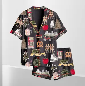 Christmas In New York Satin Pajama Set #PersonalizedPjs #BambooPajamas #MatchingSets #VintageVibe #PajamaCore