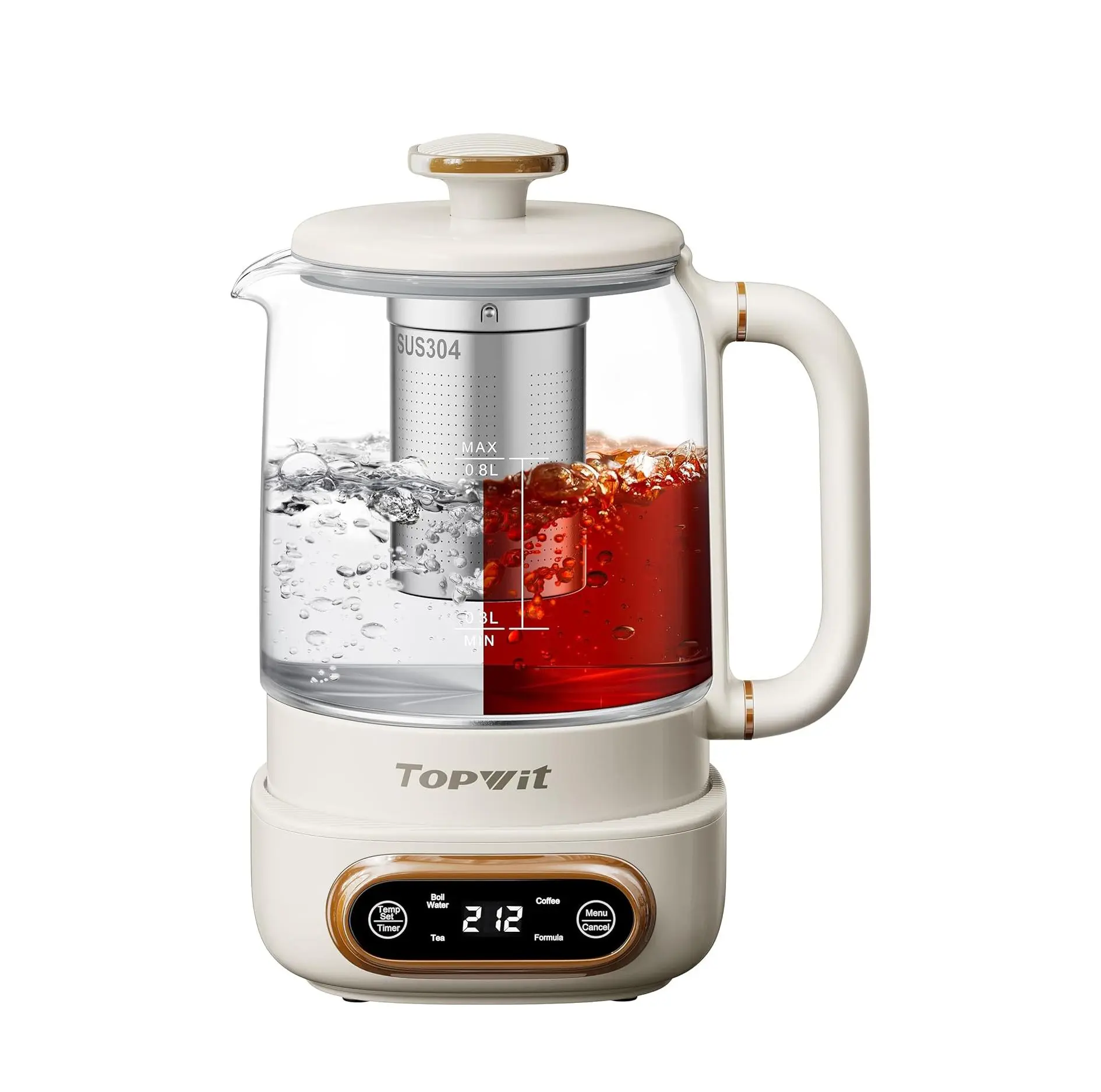 Topwit Electric Tea Kettle, 11 Temperature Control & 4 Presets Glass Kettle with Removable Infuser, 0.8L Electric Kettle for Coffee, Formula, Tea Maker with 8H Keep Warm, Boil-dry Protect, Beige