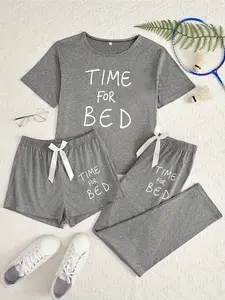 Time for Bed Three-Piece Home Wear Set, Loose-Fitting Cartoon Pattern, Casual Style, All Seasons, Comfortable Sleepwear, Pajama Set, Loungewear